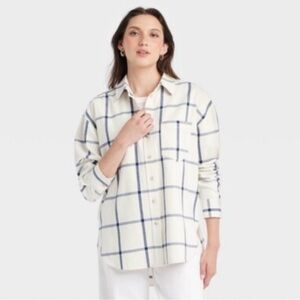 2/$30 Universal Thread Cream Navy Flannel Button Down Long Sleeve Plaid Shirt
